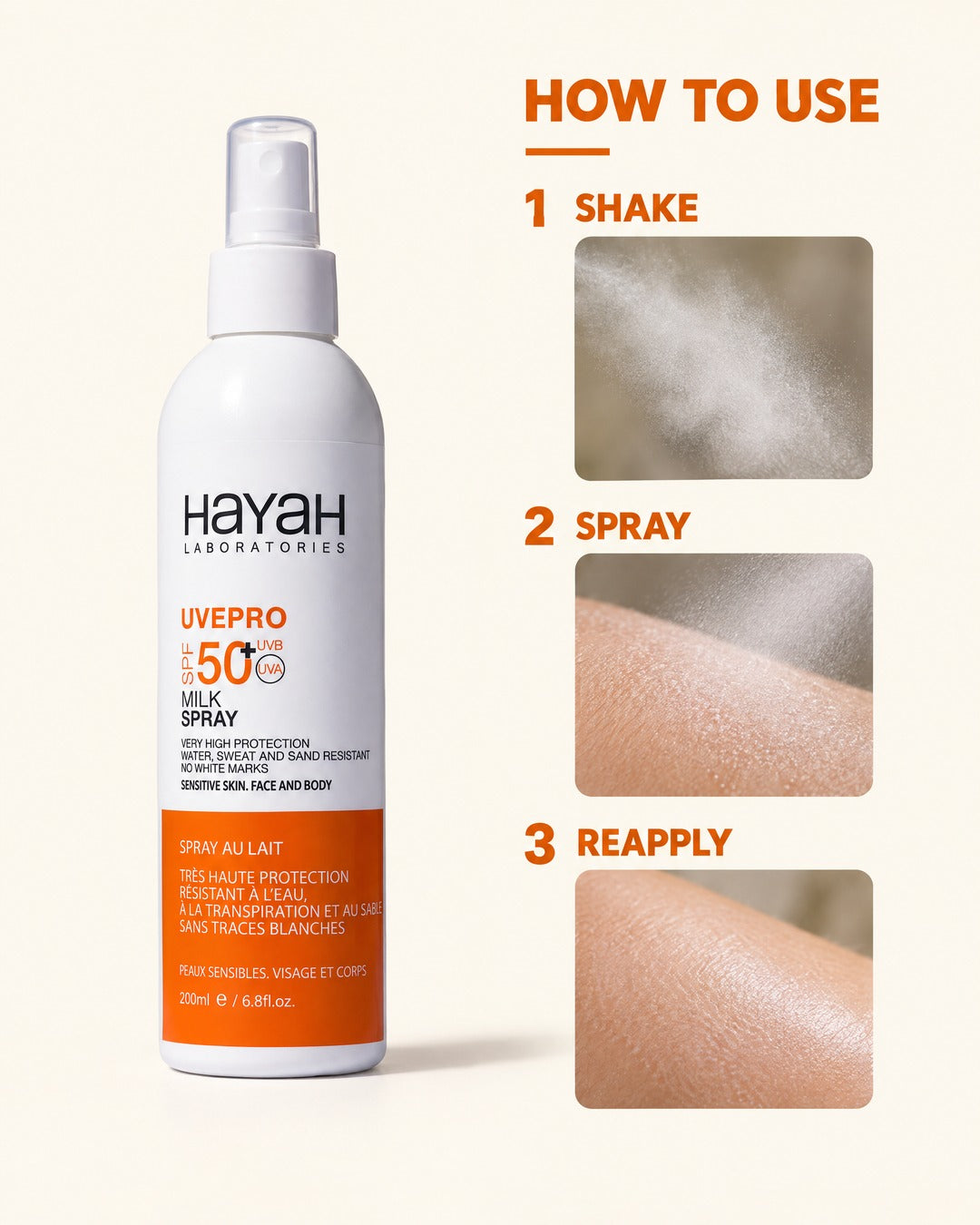 UVEPRO Milk Spray SPF50+.